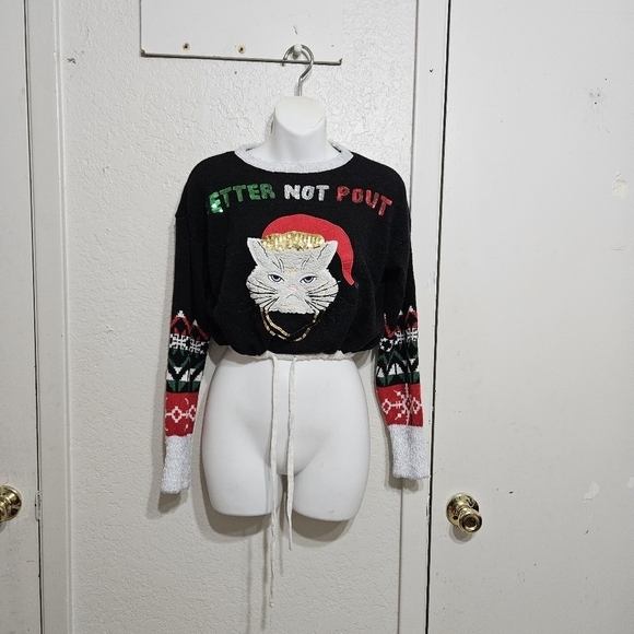 "No Boundaries" Angry Cat Ugly Christmas Sweater Women's Size Medium (7-9) - Picture 1 of 4